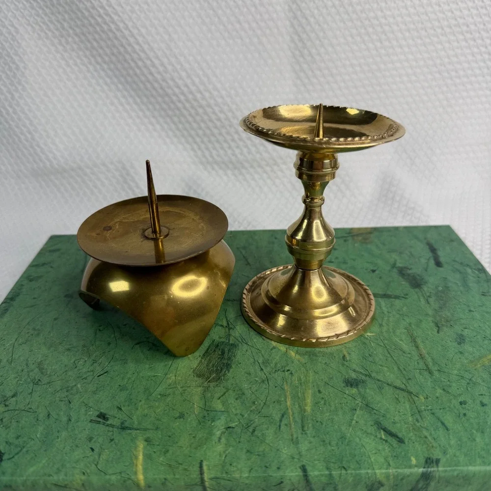 Vintage Solid Brass Pricket Candle Holder Set 2 Japan Gold MCM Pedestal Tripod